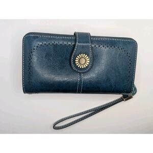 Sendefn Women Genuine Leather Large Snap Clasp Zipper Wallet Clutch Peacock Blue
